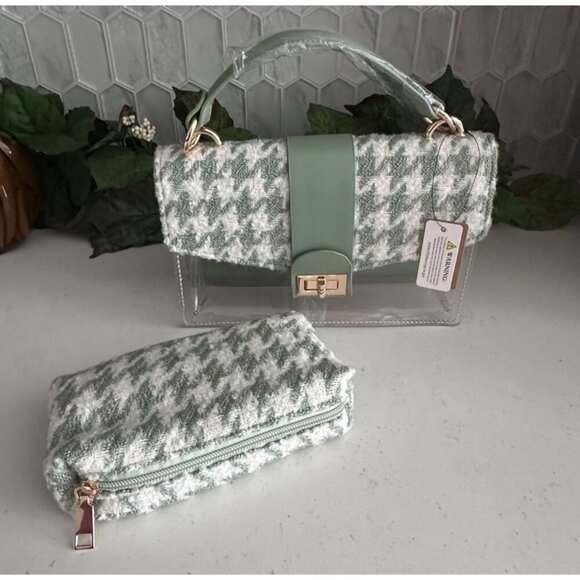 Houndstooth Handbag & Pouch Set - Green & White Pattern With Clear Accents - Picture 4 of 13